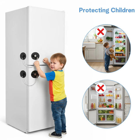 Child near fridge with Heavy Duty Refrigerator Locks With Keys 12 Pack Adhesive Fridge Locks For Kidproofing And Child Safety