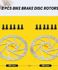 Front view: two 180mm silver bicycle disc rotors with mounting bolts for e-bike hydraulic brake kit