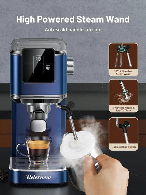 20 Bar Espresso Machine With Auto Milk Frother And Crisp Lcd Screen, Stainless Steel Hot Iced Coffee Maker For Silky Lattes And Bold Macchiatos, No Fuss Kitchen Game Changer with high powered steam wand.