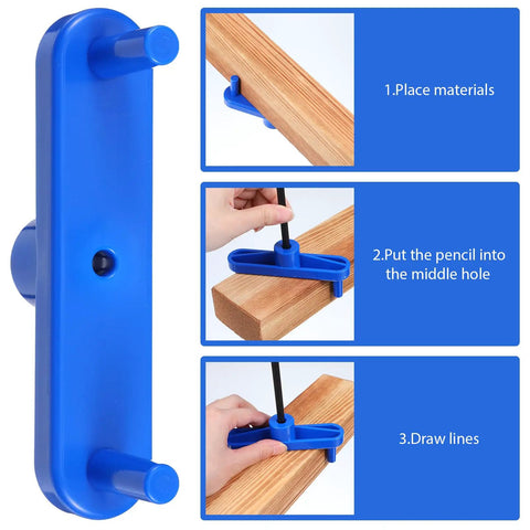 Hella Precise Center Finder Tool Set For Weekend Warriors Pro Level Center Marking Gauge and Scriber Positioner in blue on wood.