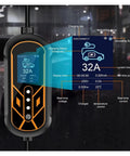 Close-up of Portable Type 2 Electric Car Charger with screen showing 32A, real-time stats, and charging information. Road Tripping Made Simple With This Portable Type 2 Electric Car Charger Featuring Smart App Scheduling And Adjustable Amps For Blazing Fast 7KW Charging Anywhere At Home Or On The Go Hassle Free Design.