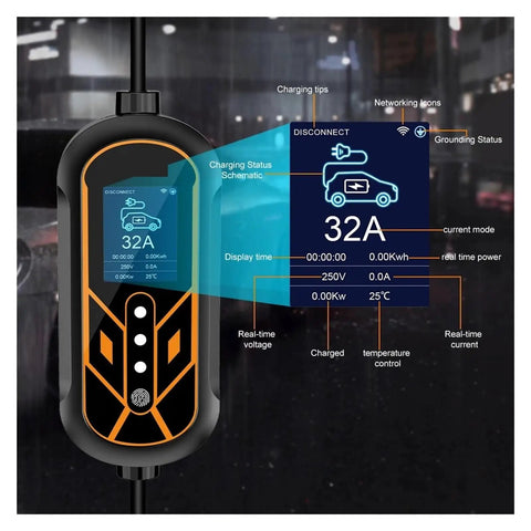 Close-up of Portable Type 2 Electric Car Charger with screen showing 32A, real-time stats, and charging information. Road Tripping Made Simple With This Portable Type 2 Electric Car Charger Featuring Smart App Scheduling And Adjustable Amps For Blazing Fast 7KW Charging Anywhere At Home Or On The Go Hassle Free Design.