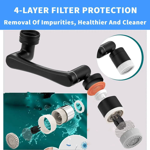 Ultra Versatile 1440 Degree Rotating Faucet Extender For Kitchen And Bath, showing 4-layer filter components disassembled