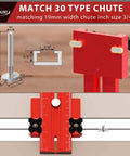 Must-Have Thin Rip Jig For Table Saw And Router Table, red jig with T-slot track fittings, shown with precise measurement details.