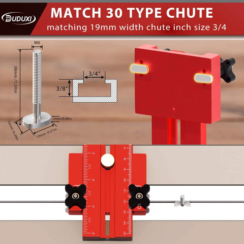 Must-Have Thin Rip Jig For Table Saw And Router Table, red jig with T-slot track fittings, shown with precise measurement details.