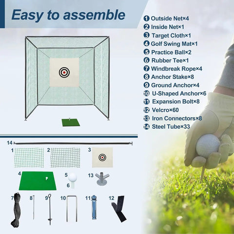 10x10x10Ft Golf Practice Net Cage With Metal Frame For Backyard Hitting And Batting Netting Durable Golf Training Kit components