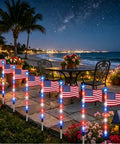Patriotic Solar Flag Light Set With 56 LEDs, 8 Modes, Red White And Blue Stake Pathway Lights For Yard and Garden at night