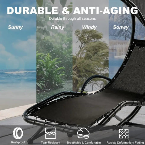 Heavy Duty Replacement Mesh With Rope Kits For Hanging Lounge Chair Curved Chaise Outdoor Patio Waterproof Black With Storage Bag And 350 Lbs Capacity, shown on a patio, illustrating durability in various weather conditions.