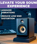 Studio monitor on angled five inch high density foam riser reducing vibrations for clean audio on desktop. Angled Studio Monitor Isolation Pads For Speakers Five Inch High Density Foam Riser That Reduces Vibrations And Elevates Your Monitors To The Ideal Listening Height On Floor Or Desktop For Clean Accurate Audio.