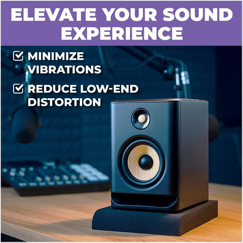 Studio monitor on angled five inch high density foam riser reducing vibrations for clean audio on desktop. Angled Studio Monitor Isolation Pads For Speakers Five Inch High Density Foam Riser That Reduces Vibrations And Elevates Your Monitors To The Ideal Listening Height On Floor Or Desktop For Clean Accurate Audio.