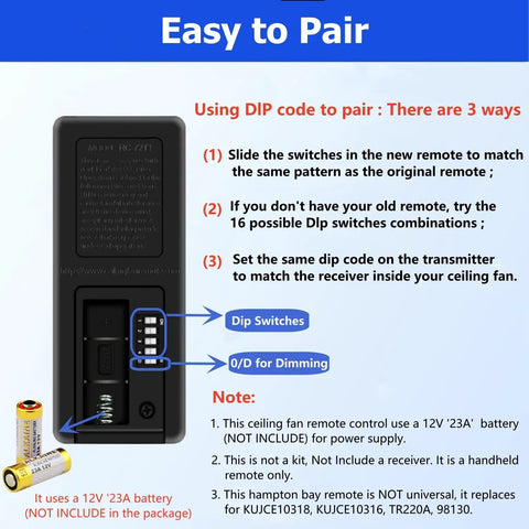 Ceiling Fan Remote Control Replacement For Hampton Bay Fans KUJCE10318 KUJCE10316 TR220A 98130 with instructions and DIP switches visible
