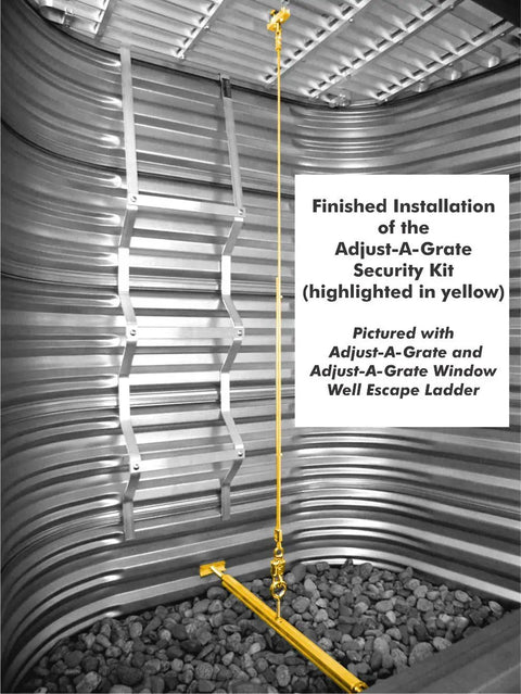 Installed Security Kit For Window Wells With Grates That Project 22 To 26 Inches, Adjustable SK6, aluminum, clamp on, locks visible