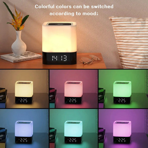 All In One Night Light Bedside Lamp With Bluetooth Speaker Digital Alarm Clock Touch Control And 48 Color RGB LED Lights