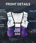 Front view of the 5L Trail Running Hydration Vest With Soft Flasks Including 2 X 500ml Purple Medium Lightweight Bounce Free Fit With Breathable Mesh Panels For Gnarly Long Runs And Mountain Trails, showing pockets and features.