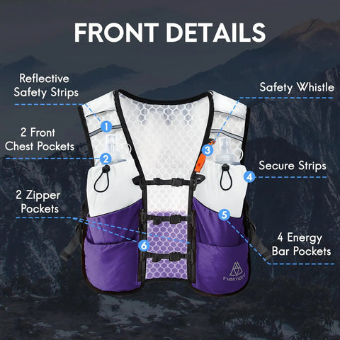 Front view of the 5L Trail Running Hydration Vest With Soft Flasks Including 2 X 500ml Purple Medium Lightweight Bounce Free Fit With Breathable Mesh Panels For Gnarly Long Runs And Mountain Trails, showing pockets and features.