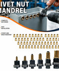 Heavy Duty Rivet Nut Tool Kit That Slams In Press-In Fasteners Smooth With 55 Metric Nuts And 6 Mandrels For M4 To M10 Sizes Perfect For Your Home Shop Projects And DIY Metalworking Tasks Made Tough. Rivet nut mandrels and nuts