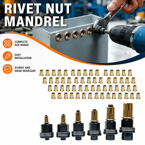Heavy Duty Rivet Nut Tool Kit That Slams In Press-In Fasteners Smooth With 55 Metric Nuts And 6 Mandrels For M4 To M10 Sizes Perfect For Your Home Shop Projects And DIY Metalworking Tasks Made Tough. Rivet nut mandrels and nuts