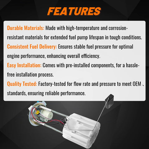 Features of Electric Fuel Pump Module Assembly for Chevrolet Silverado 1500 and GMC Sierra 1500, 2014 to 2018 4.3L V6, 5.3L V8, 6.2L V8