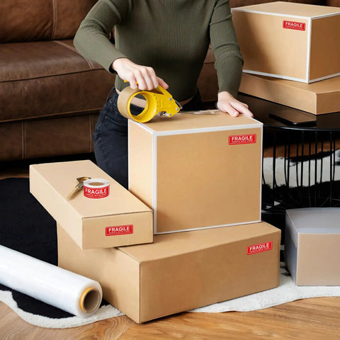 Person applying Red Fragile Stickers, 150-Count Self-Adhesive Paper Labels For Packing And Shipping on cardboard boxes