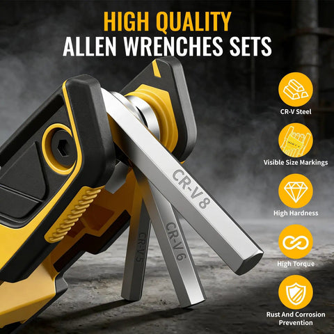 High quality folding wrench set 17-piece with 9 SAE and 8 metric hex keys showcasing CR-V steel hex keys and features.