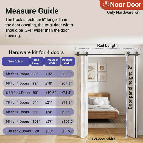 Bi Folding Sliding Barn Door Hardware Kit For Four Doors With Top Mount Track In Black Finish, installation guide for size options, measures.