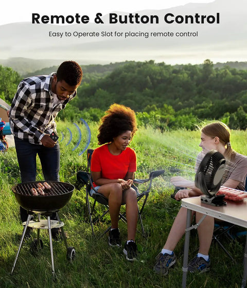 Group camping with Clip On 8 Inch Portable Fan With 20000mAh Battery Rechargeable USB Desk Personal Fan, remote control visible