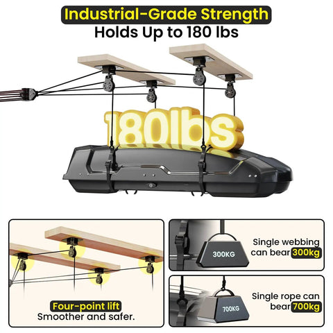 Garage Ceiling Storage Hoist For Roof Cargo Box And Carrier, Heavy Duty Overhead Lift With 4 Point Pulley System, 180 lb Capacity