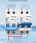 DC MTS interlock circuit breaker showing connections for commonly used electricity A and standby B, 32A capacity.