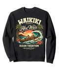 Outrigger Canoe Ocean Tradition Sweatshirt With Retro Sunset Design featuring outrigger canoe, palm trees, hibiscus, classic Hawaiian surf style.