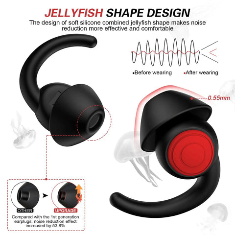 Close-up of soft silicone sleeping ear plugs with jellyfish shape design, highlighting noise reduction features and upgrades. Soft Silicone Sleeping Ear Plugs, Reusable Noise Reduction Earplugs Pack, 2 Pairs, NRR 25 to 33 dB, Great For Sleep, Snoring, And Travel, Comfort Fit, Noise Canceling Ear Protectors For Restful Nights.