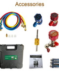 Vanlison HVAC manifold gauge set accessories with color-coded hoses, brass fittings, and black carrying case.