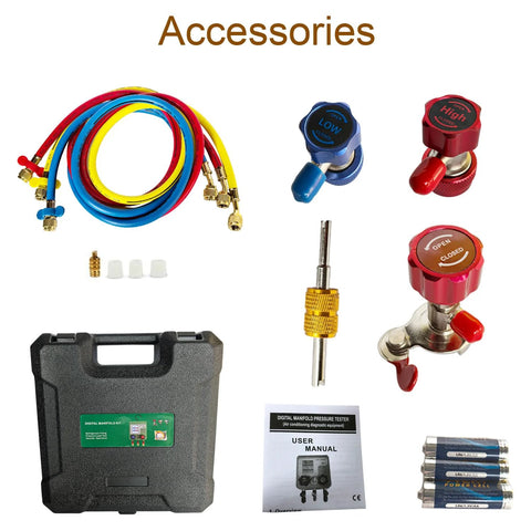 Vanlison HVAC manifold gauge set accessories with color-coded hoses, brass fittings, and black carrying case.