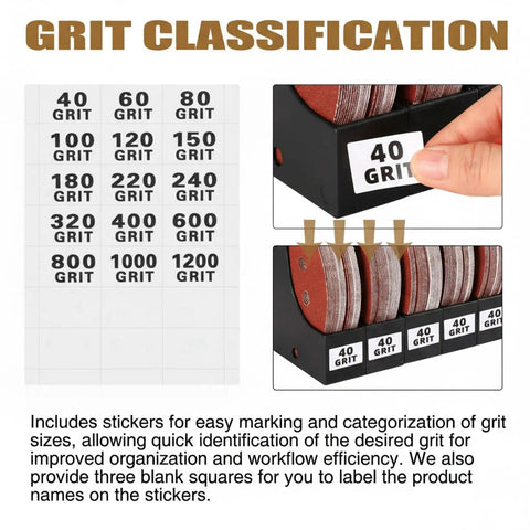 8 Pack Sandpaper Storage Organizer Boxes For 5 Inch Sanding Discs with Grit Labels visible, showing 40 grit organization.