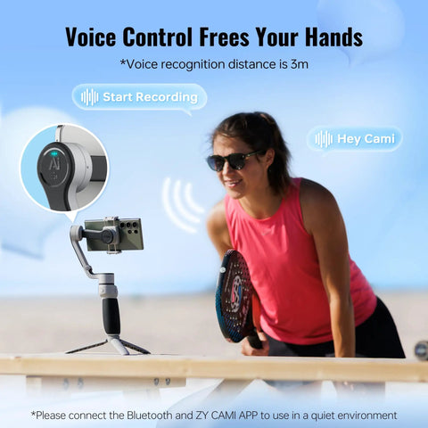 Woman using CQ5 Combo 3-Axis Phone Gimbal With AI Face Tracking Fill Light For iPhone And Android, beach setting, voice control feature displayed