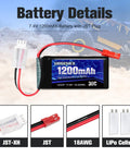 Close-up of Beefy 7.4V 1200mAh 30C LiPo Battery With JST Plug For RC Cars Trucks Drones And Helis, detailed connection types shown.