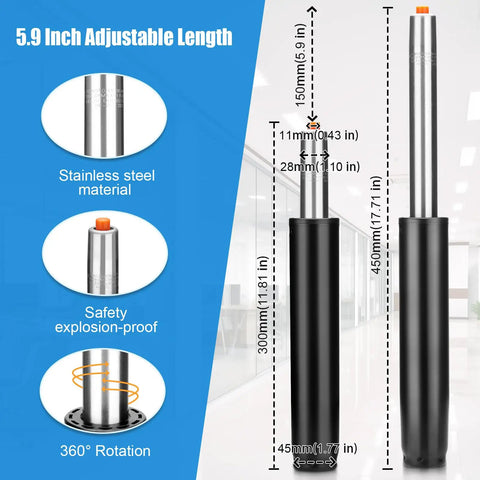 Diagram of Class 4 Gas Lift Office Chair Cylinder Replacement with adjustable length and dimensions for executive chairs.