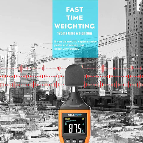 Digital Sound Level Meter With Temperature And Humidity Readouts 30 To 130 DB A Weighted Max Min in an urban construction site