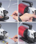 Hands operating the Heavy Duty Semi Automatic Pneumatic Terminal Crimping Machine Alloy Steel 1.3 Ton, connecting wires.