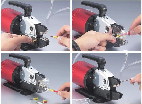 Hands operating the Heavy Duty Semi Automatic Pneumatic Terminal Crimping Machine Alloy Steel 1.3 Ton, connecting wires.