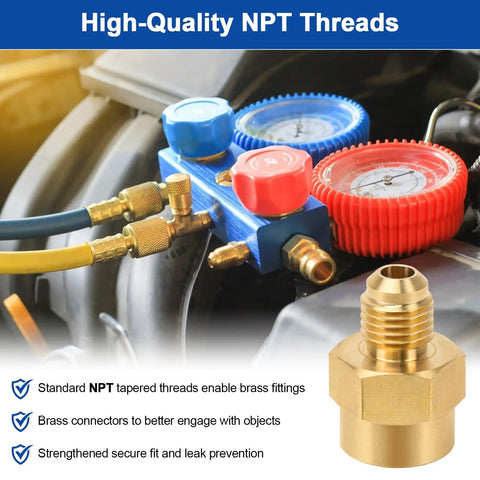 1/4 SAE To 1/4 NPT Brass Adapter AC Refrigeration Pipe Connector Fittings, showcasing high-quality NPT threads for leak prevention.
