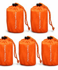 Pack of 5 orange bags, labeled 'Emergency Sleeping Bag,' showcasing Emergency Sleeping Bag Reflective Mylar Heat Retention, Lightweight Portable Survival Gear for Outdoor Adventures, Emergency Prep Essentials, Great for Hikes, Car Breakdowns, Pack of 5 use