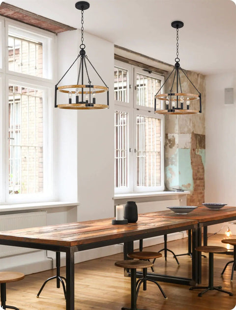 22 Inch Modern Farmhouse 4 Light Drum Pendant Chandelier With Adjustable Height Warm Oak Wood Finish And Textured Black Accents