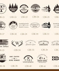 KAINSY custom branding iron for wood - grid of 22 logo emblems (CBI-21 to CBI-42) on beige background