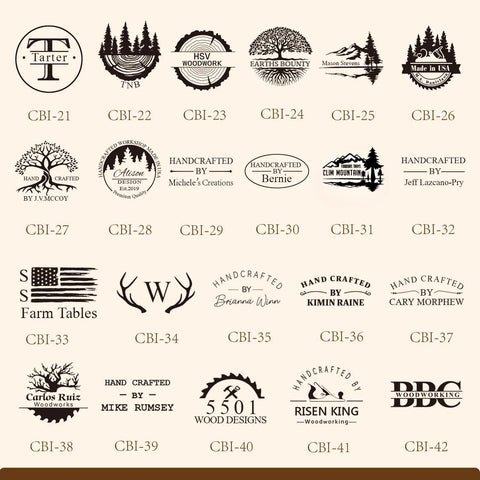 KAINSY custom branding iron for wood - grid of 22 logo emblems (CBI-21 to CBI-42) on beige background