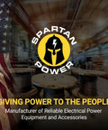 Spartan Power logo with American flag backdrop in a warehouse featuring spools of wire and electrical power equipment.
