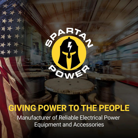 Spartan Power factory with electrical wire spools and American flag, logo displayed prominently, emphasizing reliable power equipment.