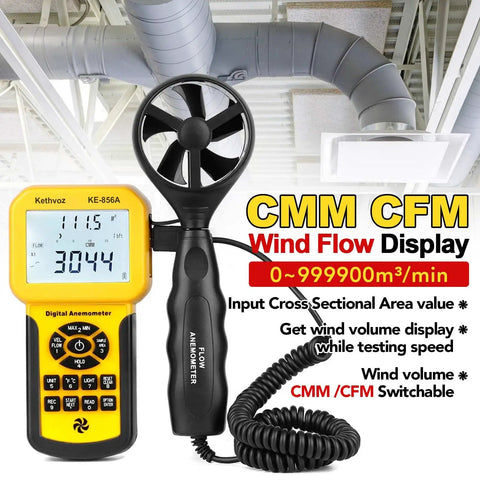 Pro Grade HVAC Anemometer With USB Data Storage And PC Connect All In One Air Flow Tester displaying CMM and CFM on screen.