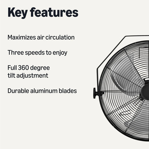 Diagram showing key features of 18 Inch Indoor Wall Mount Industrial Fan With Three Speeds And High CFM Up To 3100, heavy-duty blades visible.
