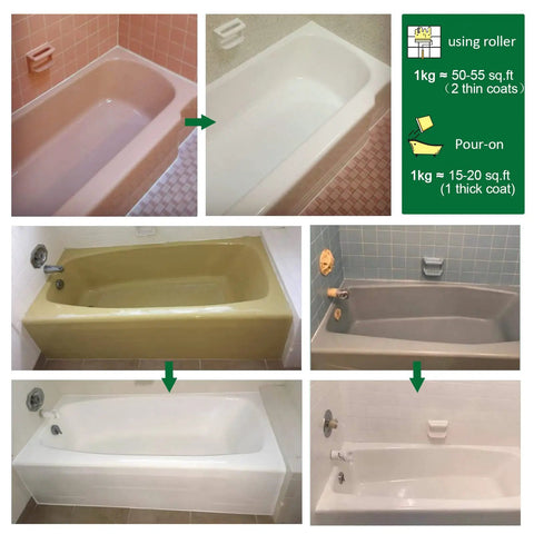 Before and after of tubs using Tub And Tile Refinishing Kit For DIY Bathroom Kitchen Remodel, 3Kg 105 Oz White With Tools.