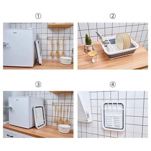 Collapsible Dish Drainer Portable Dinnerware Drainer Organizer For Kitchen RV Campers neatly arranged near a fridge.